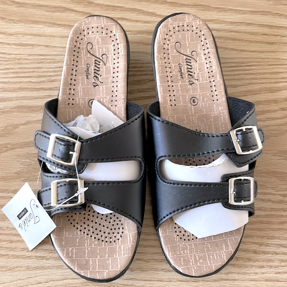 Junie’s Women’s Sz 9 Black Leather Strap Slip On Backless low wedge Sandals